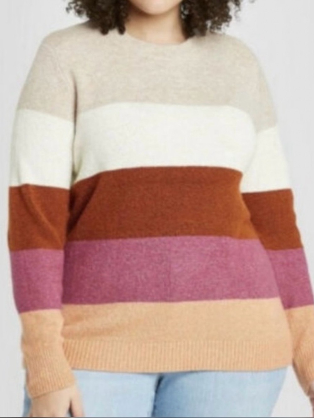 Ava & Viv Cream, Brown, Pink and Peach Striped Crewneck Sweater